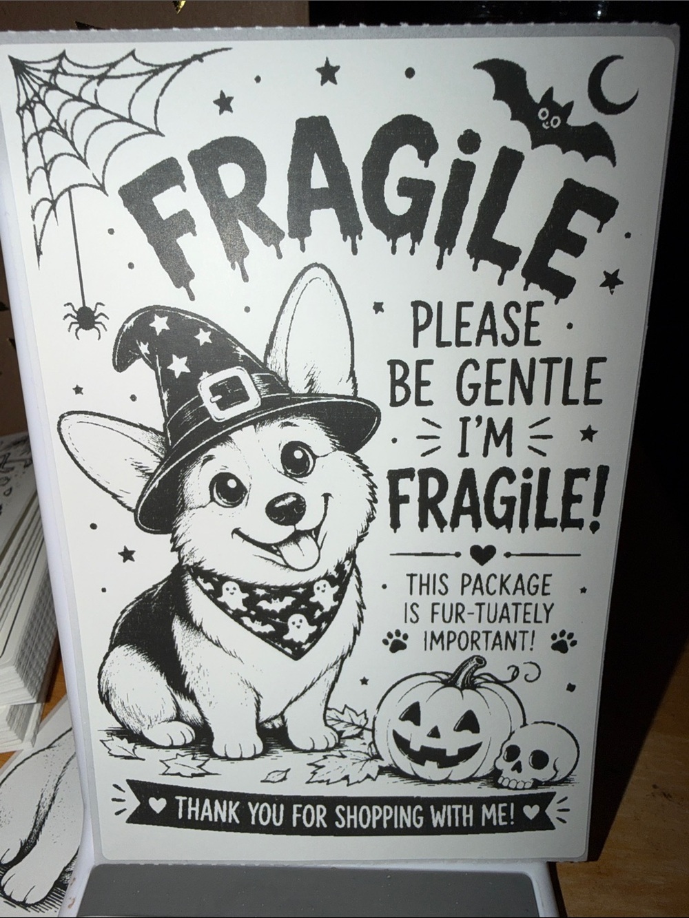 Halloween Corgi Fragile Shipping Sticker 50 count 4x6